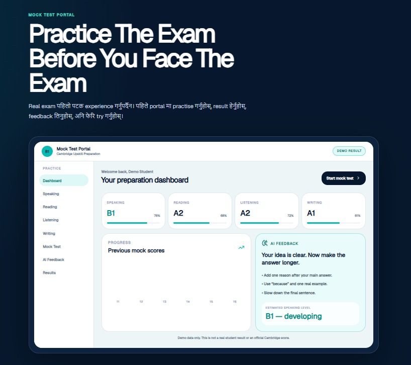 Cambridge Upskill mock portal level and progress dashboard